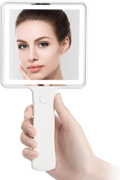 helloleiboo Handheld Makeup Mirror, LED Dimmable Travel Mirror, USB Charging, No AAA Battery