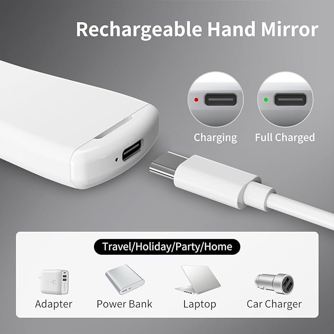 helloleiboo Handheld Makeup Mirror, LED Dimmable Travel Mirror, USB Charging, No AAA Battery