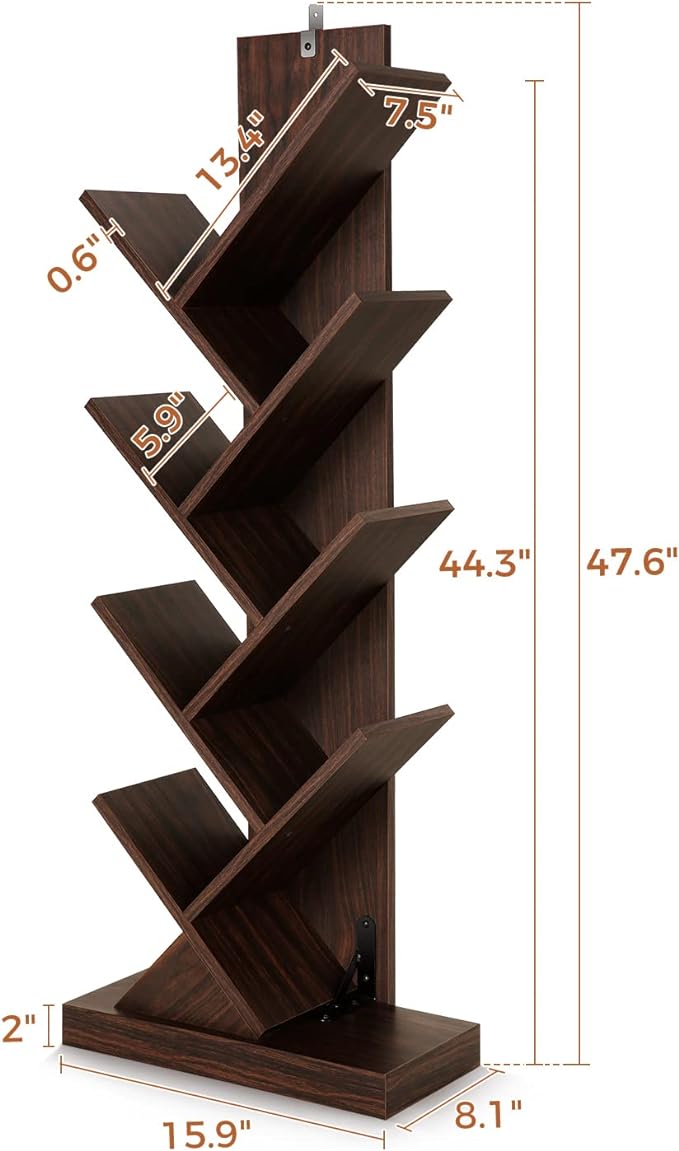 Tree Bookshelf, 8 Shelf Tree Bookcase, Space Saving Storage Rack for CDs/Movies/Books, Book