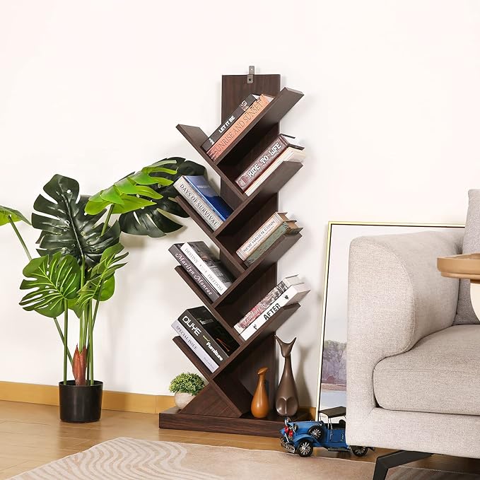 Tree Bookshelf, 8 Shelf Tree Bookcase, Space Saving Storage Rack for CDs/Movies/Books, Book